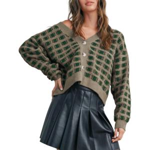 imageAiloqing Womens Checkered Cardigans Sweaters V Neck Button Down Long Sleeve Cable Knit Outerwear TopsGreen