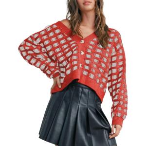 imageAiloqing Womens Checkered Cardigans Sweaters V Neck Button Down Long Sleeve Cable Knit Outerwear TopsRed
