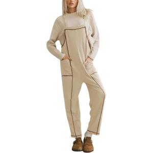 imageAiloqing Womens Wide Leg Overalls Loose Casual Outfits Jumpsuits 2025 Winter Sleeveless Rompers with PocketsApricot
