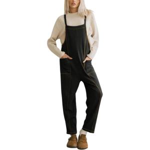 imageAiloqing Womens Wide Leg Overalls Loose Casual Outfits Jumpsuits 2025 Winter Sleeveless Rompers with PocketsBlack