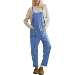 imageAiloqing Womens Wide Leg Overalls Loose Casual Outfits Jumpsuits 2025 Winter Sleeveless Rompers with PocketsBlue