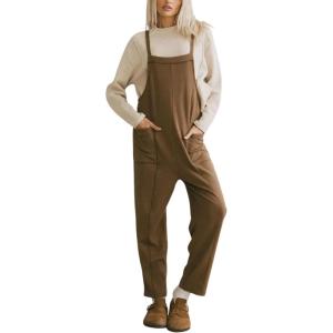 imageAiloqing Womens Wide Leg Overalls Loose Casual Outfits Jumpsuits 2025 Winter Sleeveless Rompers with PocketsBrown