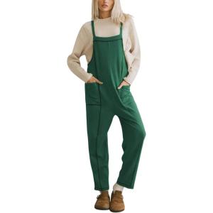 imageAiloqing Womens Wide Leg Overalls Loose Casual Outfits Jumpsuits 2025 Winter Sleeveless Rompers with PocketsGreen