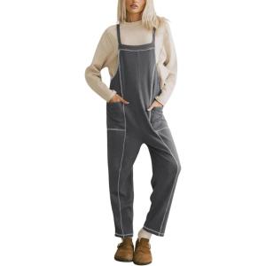 imageAiloqing Womens Wide Leg Overalls Loose Casual Outfits Jumpsuits 2025 Winter Sleeveless Rompers with PocketsGrey