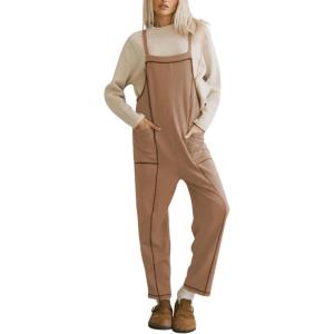 imageAiloqing Womens Wide Leg Overalls Loose Casual Outfits Jumpsuits 2025 Winter Sleeveless Rompers with PocketsKhaki