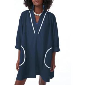 imageAiloqing Swimsuit Coverup Womens V Neck 34 Sleeve Casual Shirt Dress with PocketsNavy