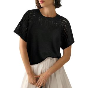 imageAiloqing Knitted Short Sleeve Sweaters 2025 Lightweight Sweater Knit Tops Shirts Solid Hollow Out BlousesBlack