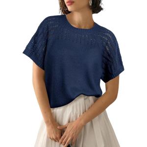 imageAiloqing Knitted Short Sleeve Sweaters 2025 Lightweight Sweater Knit Tops Shirts Solid Hollow Out BlousesNavy