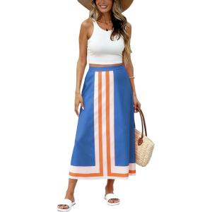 image:imageAiloqing 2026 Women Bohemian Floral Skirt Summer Casual Color Block Maxi Beach Vocation Skirts OutfitsBlueorange