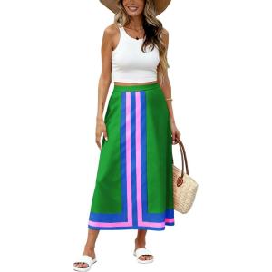 image:imageAiloqing 2026 Women Bohemian Floral Skirt Summer Casual Color Block Maxi Beach Vocation Skirts OutfitsGreenblue