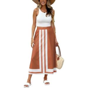 image:imageAiloqing 2026 Women Bohemian Floral Skirt Summer Casual Color Block Maxi Beach Vocation Skirts OutfitsKhaki