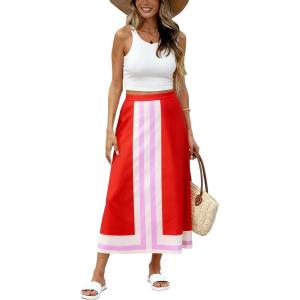 image:imageAiloqing 2026 Women Bohemian Floral Skirt Summer Casual Color Block Maxi Beach Vocation Skirts OutfitsRed