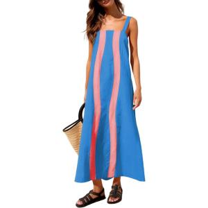 image:imageAiloqing 2026 Women Boho Floral Dress Summer Casual Color Block Maxi Beach Vocation Overall Dresses CoverupsBluepink