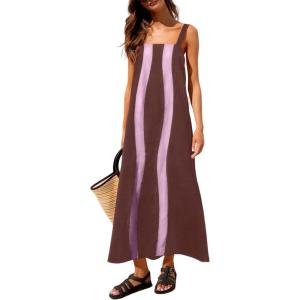 image:imageAiloqing 2026 Women Boho Floral Dress Summer Casual Color Block Maxi Beach Vocation Overall Dresses CoverupsBrown