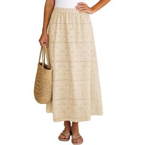 image:imageAiloqing Womens Summer Boho Maxi Skirts 2026 Casual Elastic Waist Floral Lace Eyelet Beach Vocation Skirt OutfitsApricot
