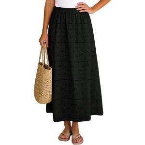 image:imageAiloqing Womens Summer Boho Maxi Skirts 2026 Casual Elastic Waist Floral Lace Eyelet Beach Vocation Skirt OutfitsBlack