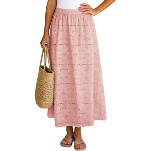 image:imageAiloqing Womens Summer Boho Maxi Skirts 2026 Casual Elastic Waist Floral Lace Eyelet Beach Vocation Skirt OutfitsPink