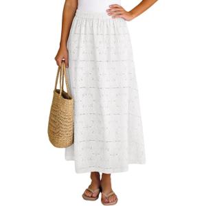 image:imageAiloqing Womens Summer Boho Maxi Skirts 2026 Casual Elastic Waist Floral Lace Eyelet Beach Vocation Skirt OutfitsWhite