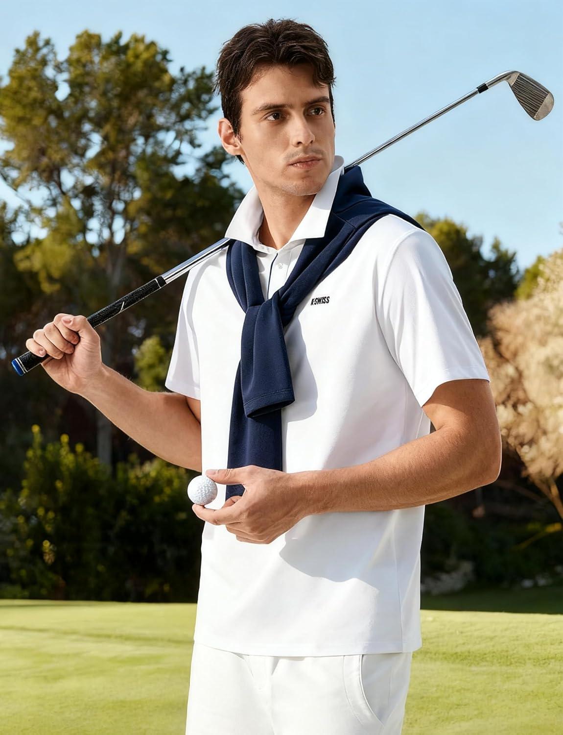 imageKSwiss Mens Heritage Suit Collar Polo Golf Polo Shirts for Men Casual Short Sleeve Dress Shirt for Work BusinessWhite