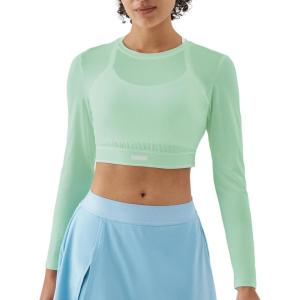 image:imageKSwiss Womens Long Sleeve Crop Tops Slim Fit Workout Shirts Crew Neck Athletic Gym Yoga TShirtsGreen