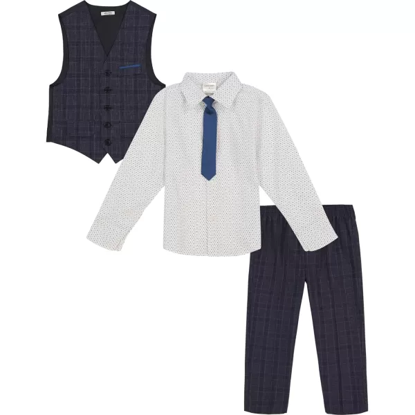 Calvin Klein Boys 4Piece Formal Suit Set Vest Pants Collared Dress Shirt and TieDark Blue Plaid