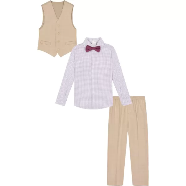 Calvin Klein Boys 4Piece Formal Suit Set Vest Pants Collared Dress Shirt and TieKhaki Sharkskin