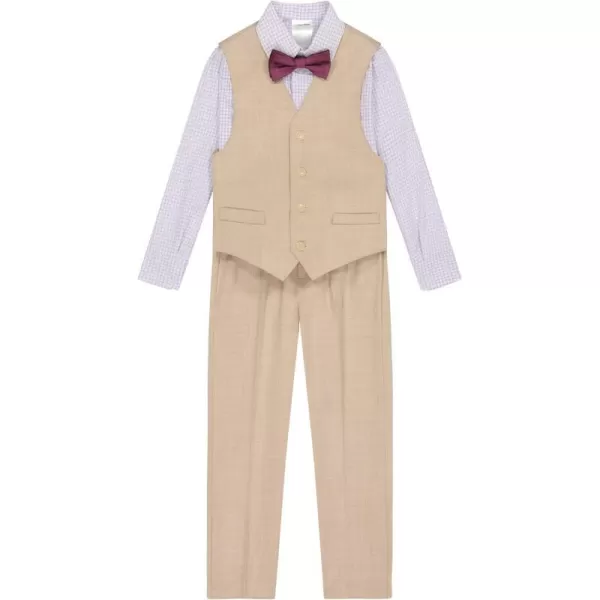 Calvin Klein Boys 4Piece Formal Suit Set Vest Pants Collared Dress Shirt and TieKhaki Sharkskin