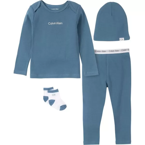 Calvin Klein babyboys 4piece Set With Long Sleeve Tee amp Pants Ultrasoft Beanie amp Socks IncludedCoronet Blue