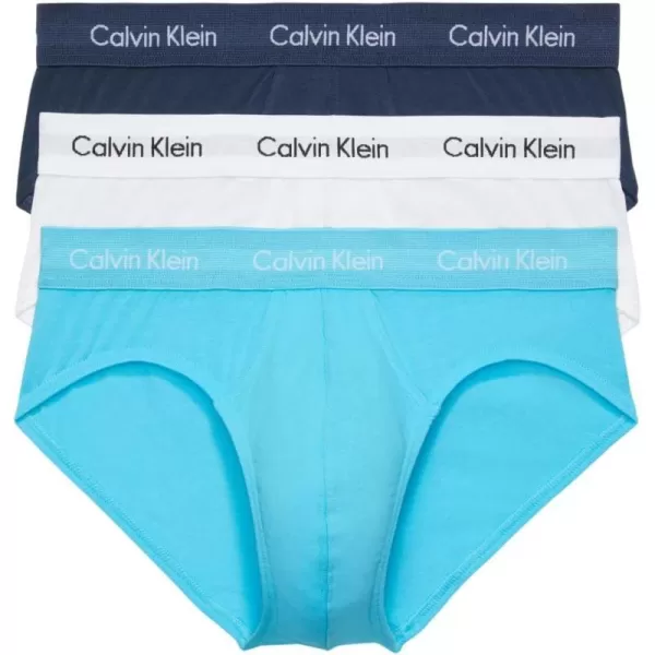 Calvin Klein Mens Cotton Stretch 3Pack Hip BriefSpellbound  White  Blue Atoll