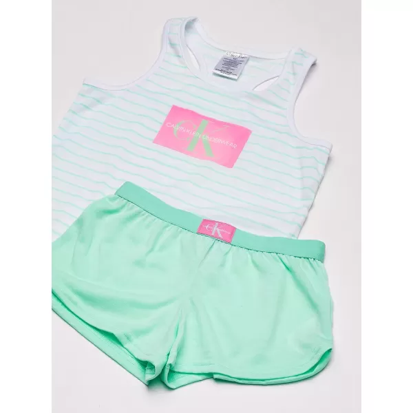 Calvin Klein Girls 2Piece Cute Tank Top and Cozy Bottom Short Pajama SetWhite Mint Stripe