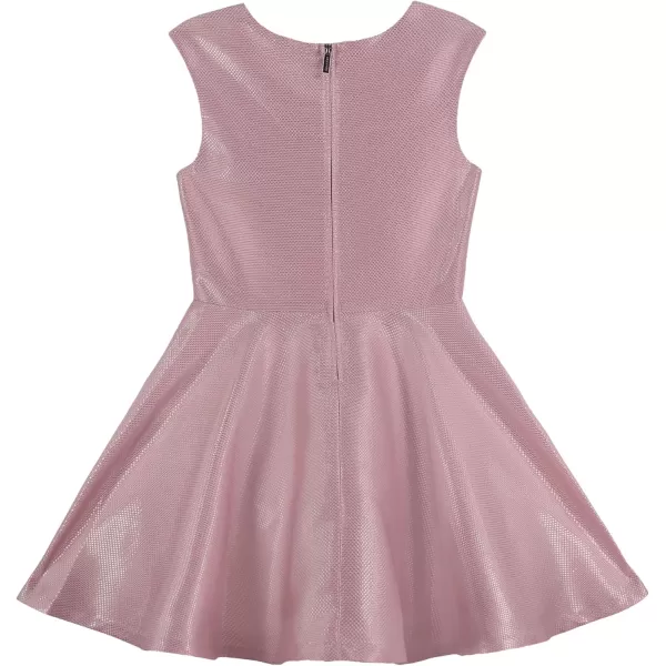 Calvin Klein Girls Sleeveless Party Dress Fit and Flare Silhouette Round Neckline amp Back Zip ClosureLight Pink Metallic