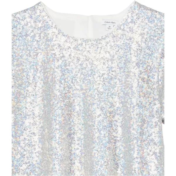 Calvin Klein Girls Sleeveless Party Dress Fit and Flare Silhouette Round Neckline amp Back Zip ClosureSilver Sequin