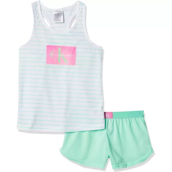 Calvin Klein Girls 2Piece Cute Tank Top and Cozy Bottom Short Pajama SetWhite Mint Stripe