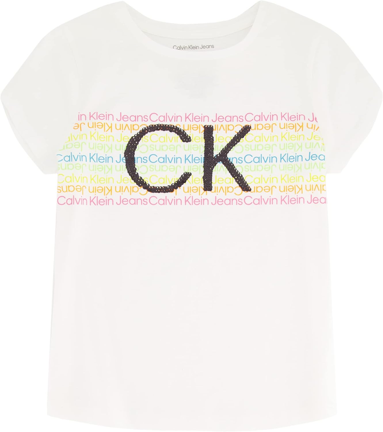 Calvin Klein Girls Short Sleeve Logo TShirt Comfortable Fit Cotton Tee with Tagless InteriorWhite Rainbow 03g