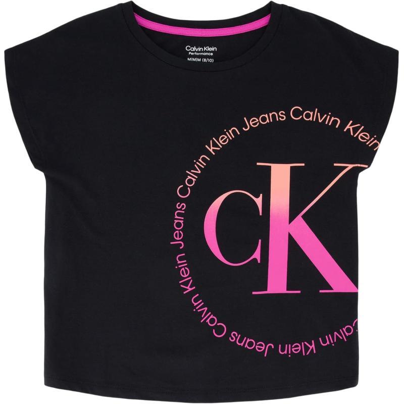 Calvin Klein Girls Short Sleeve Logo TShirt Comfortable Fit Cotton Tee with Tagless InteriorBlack Full Circle