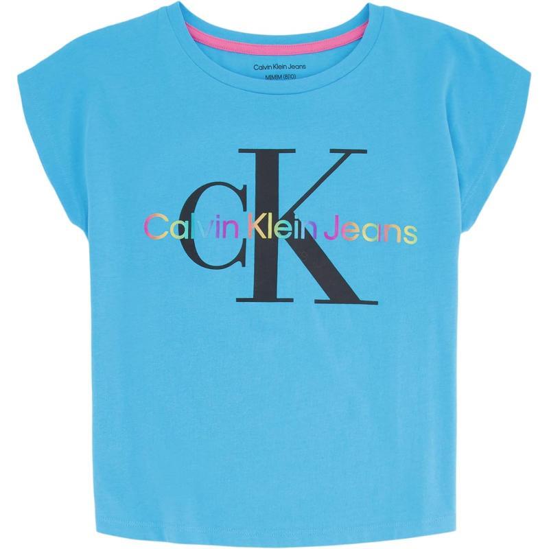 Calvin Klein Girls Short Sleeve Logo TShirt Comfortable Fit Cotton Tee with Tagless InteriorBleu Atoll Rainbow