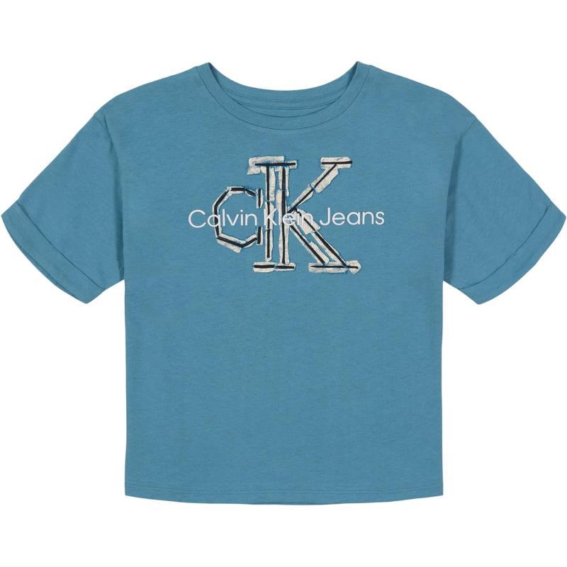 Calvin Klein Girls Short Sleeve Logo TShirt Comfortable Fit Cotton Tee with Tagless InteriorBlue Collage