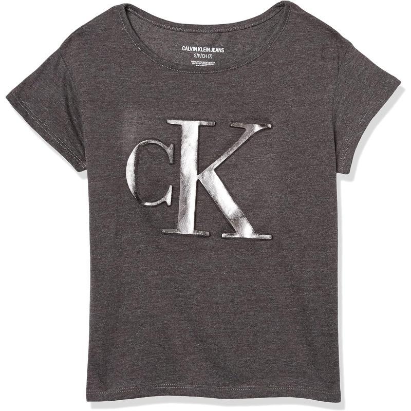 Calvin Klein Girls Short Sleeve Logo TShirt Comfortable Fit Cotton Tee with Tagless InteriorCharcoal Embossed