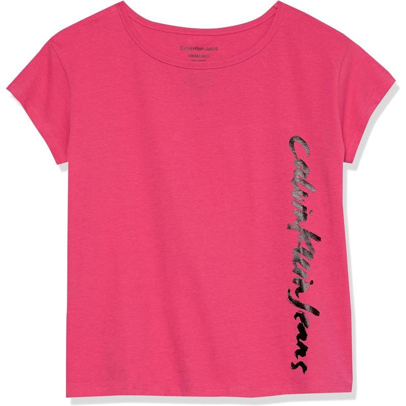 Calvin Klein Girls Short Sleeve Logo TShirt Comfortable Fit Cotton Tee with Tagless InteriorHoney Knockout