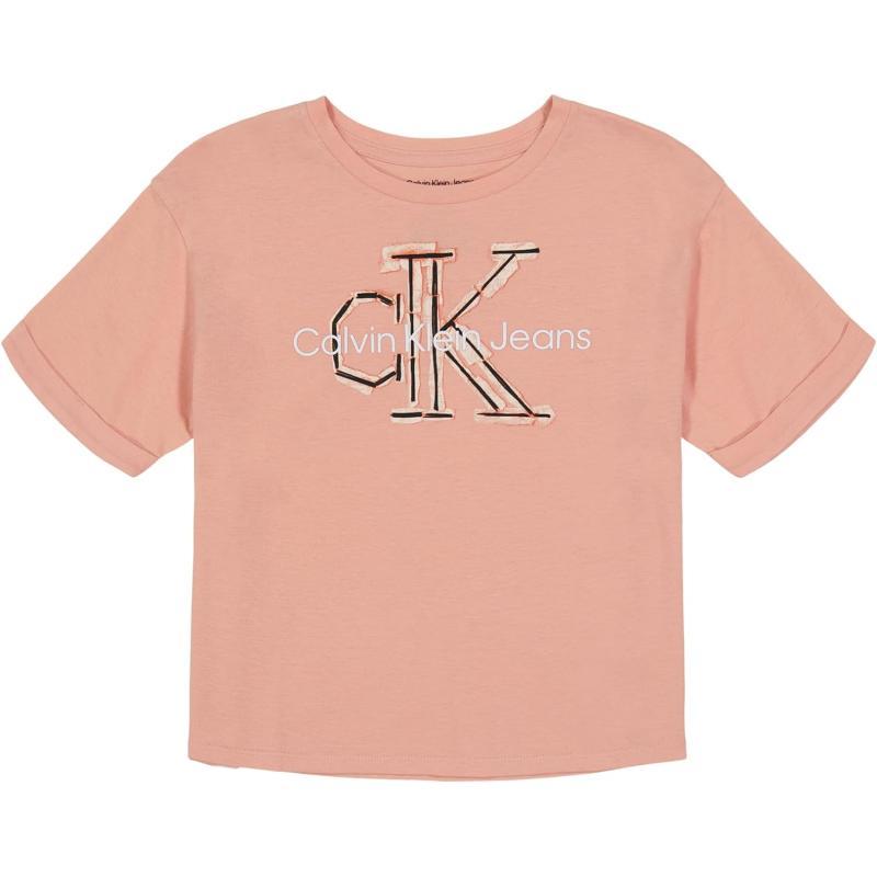 Calvin Klein Girls Short Sleeve Logo TShirt Comfortable Fit Cotton Tee with Tagless InteriorPink Collage
