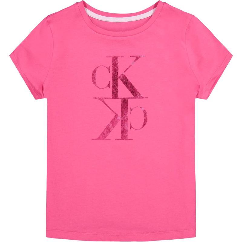 Calvin Klein Girls Short Sleeve Logo TShirt Comfortable Fit Cotton Tee with Tagless InteriorPink Poppy Mirror