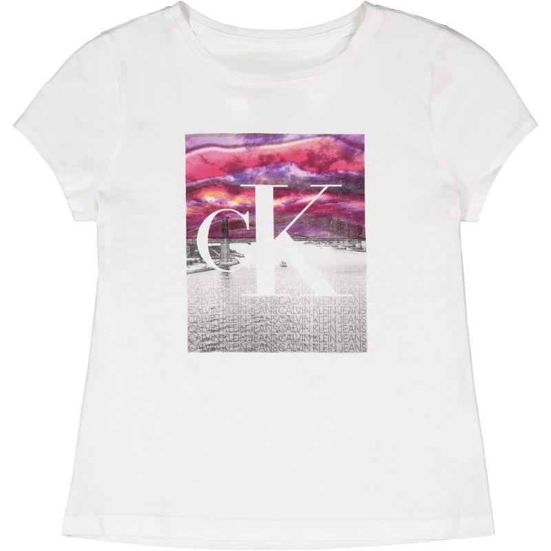 Calvin Klein Girls Short Sleeve Logo TShirt Comfortable Fit Cotton Tee with Tagless InteriorWhite City