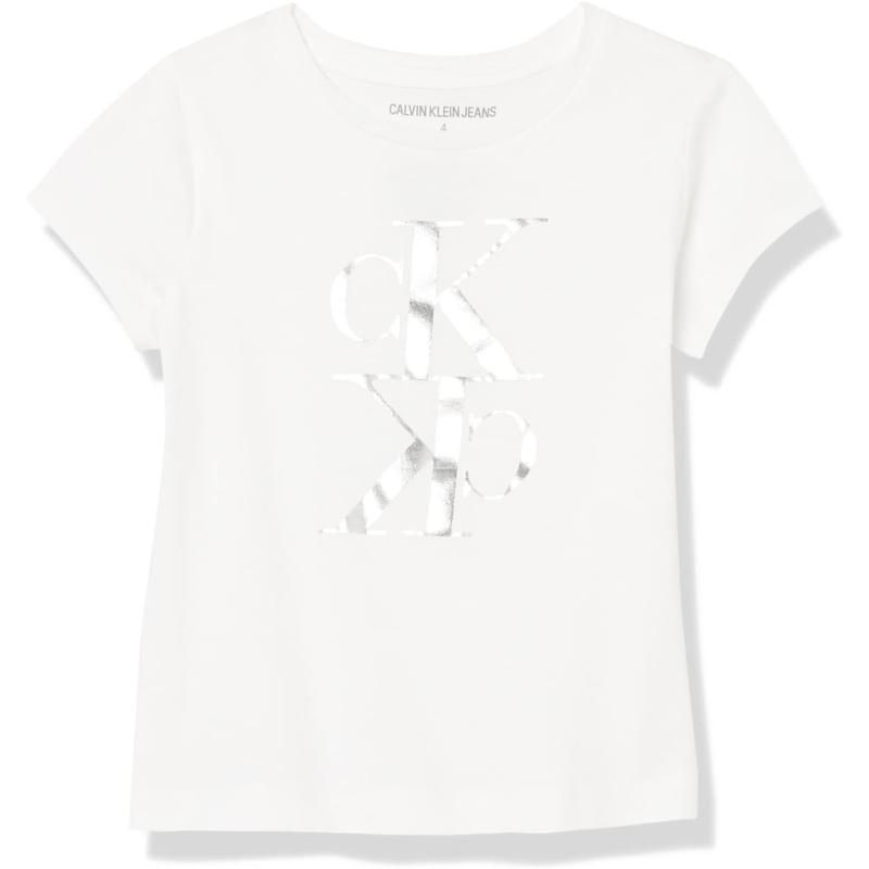 Calvin Klein Girls Short Sleeve Logo TShirt Comfortable Fit Cotton Tee with Tagless InteriorWhite Mirror
