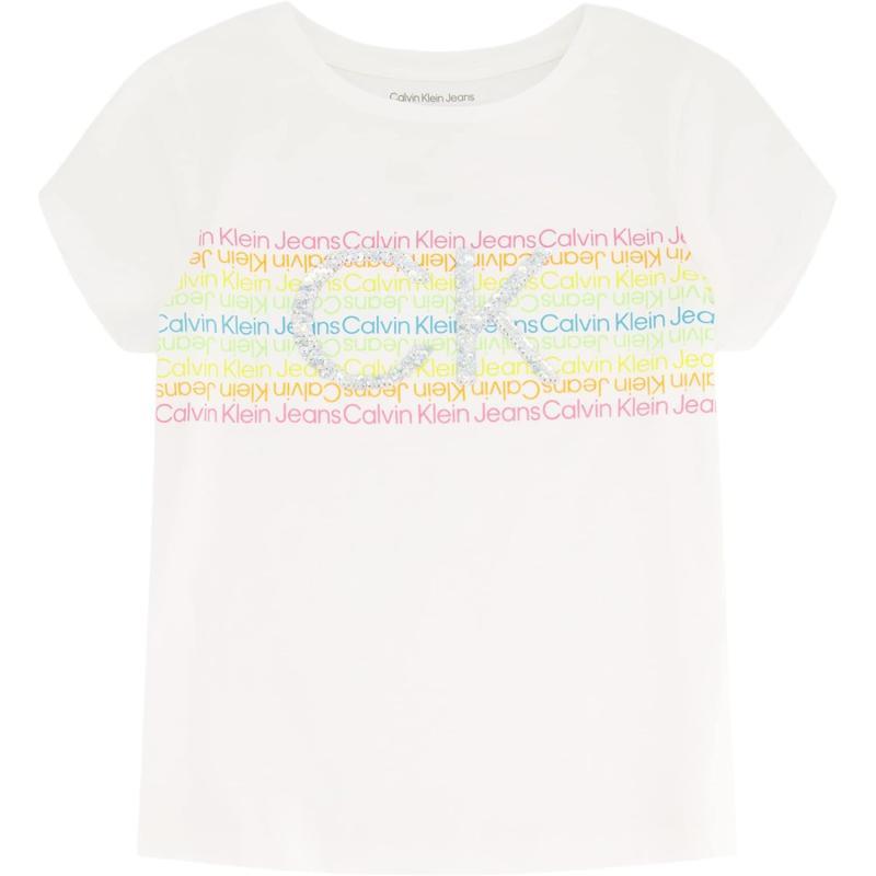 Calvin Klein Girls Short Sleeve Logo TShirt Comfortable Fit Cotton Tee with Tagless InteriorWhite Rainbow 03g