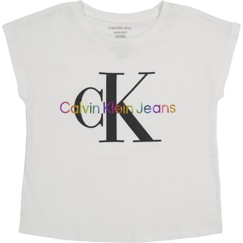 Calvin Klein Girls Short Sleeve Logo TShirt Comfortable Fit Cotton Tee with Tagless InteriorWhite Rainbow