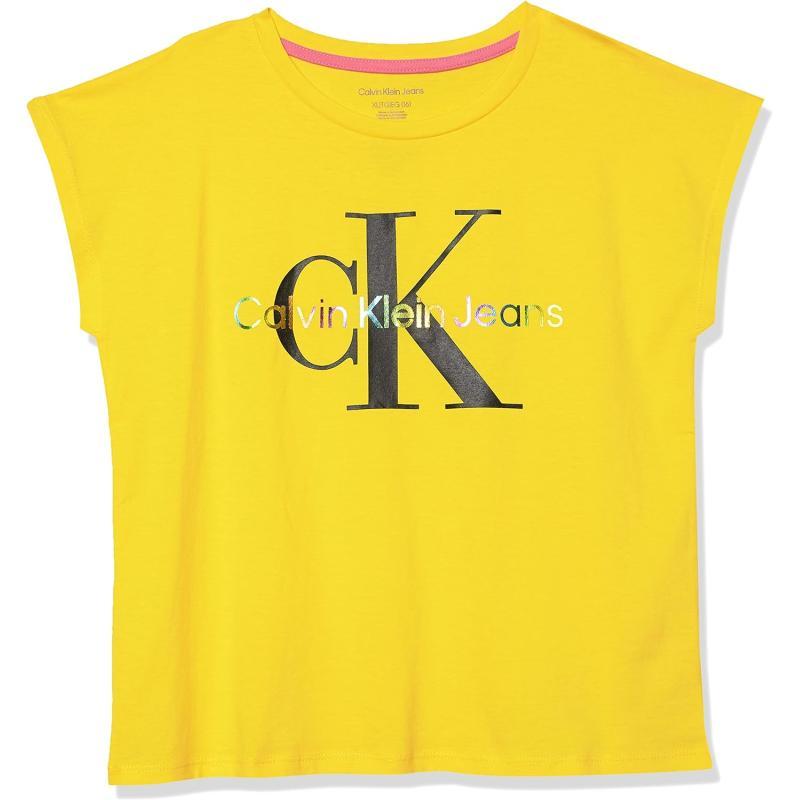 Calvin Klein Girls Short Sleeve Logo TShirt Comfortable Fit Cotton Tee with Tagless InteriorYellow Rainbow