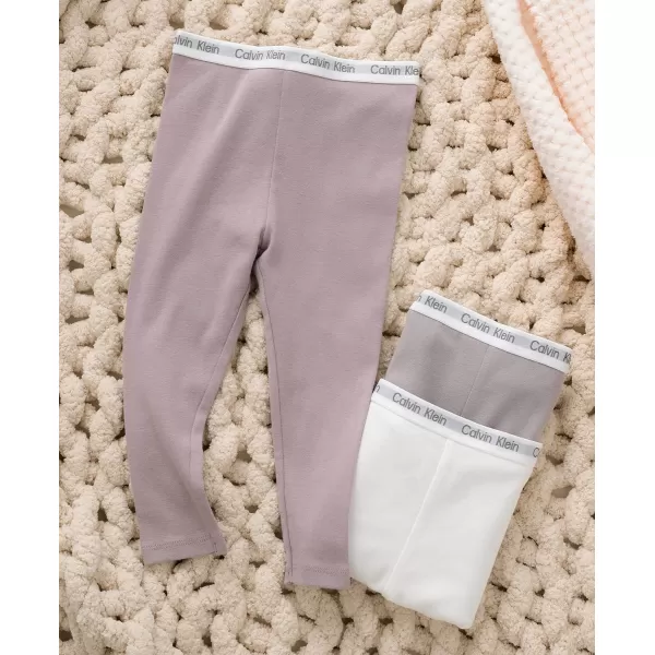 Calvin Klein Baby Girls 3Pack Cotton Pants Everyday Casual Wear UltraSoft amp Comfortable FitPurple DoveEgretGull