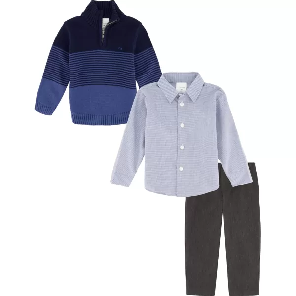 Calvin Klein Boys 3piece Sweater Set With Matching Buttondown Shirt and PantsBlue Block