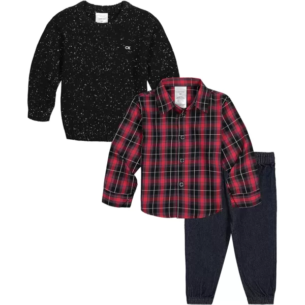 Calvin Klein Boys 3piece Sweater Set With Matching Buttondown Shirt and PantsDeep Black