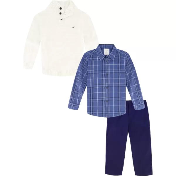 Calvin Klein Boys 3piece Sweater Set With Matching Buttondown Shirt and PantsLinen Marled